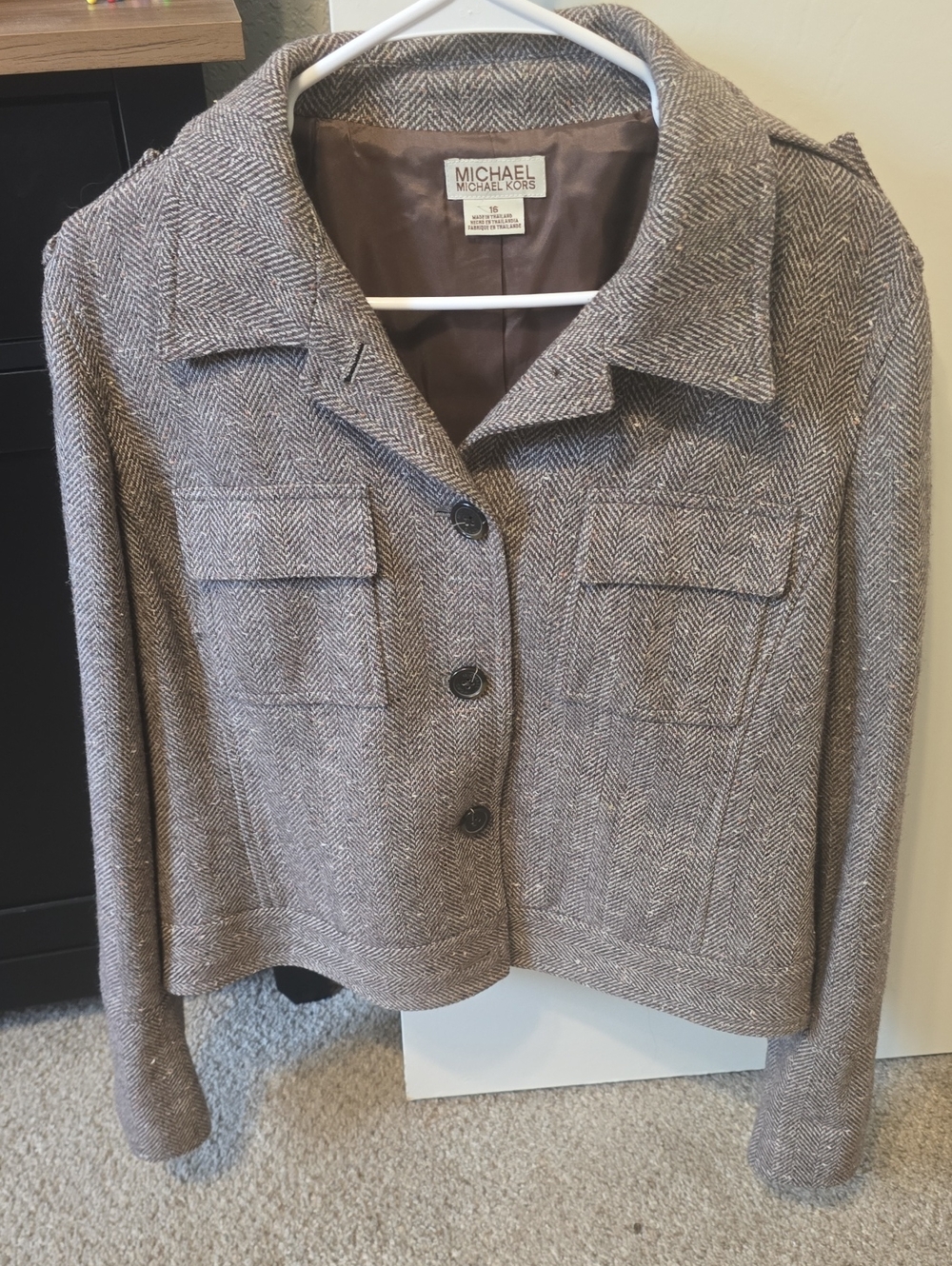 Michael Kors Taupe Herringbone Wool Blend Blazer Jacket